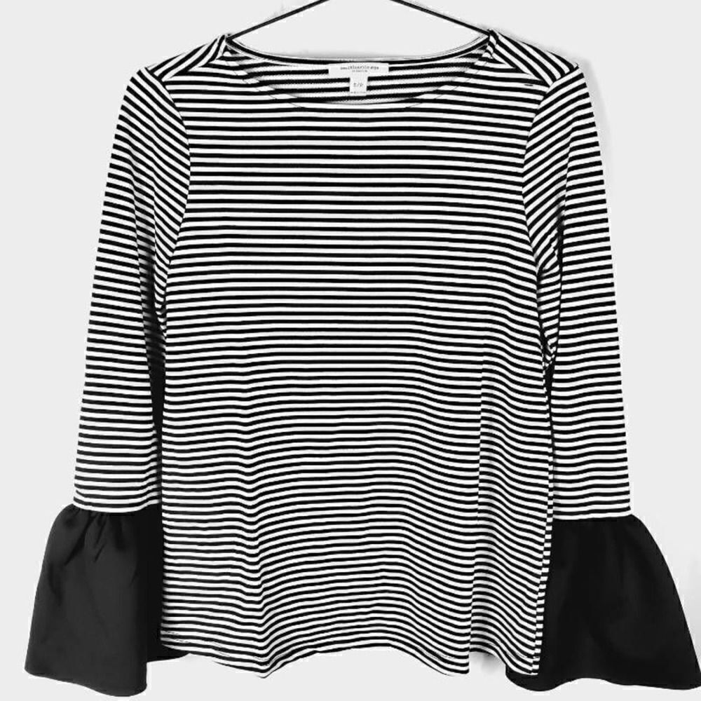 Beach Lunch Lounge Womens Blouse Black Stripe Bell Sleeve Boat Neck Stretch S